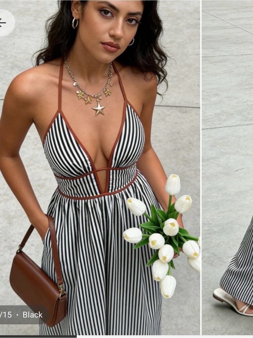 Striped Black and White Halter Maxi Dress with Brown Trim